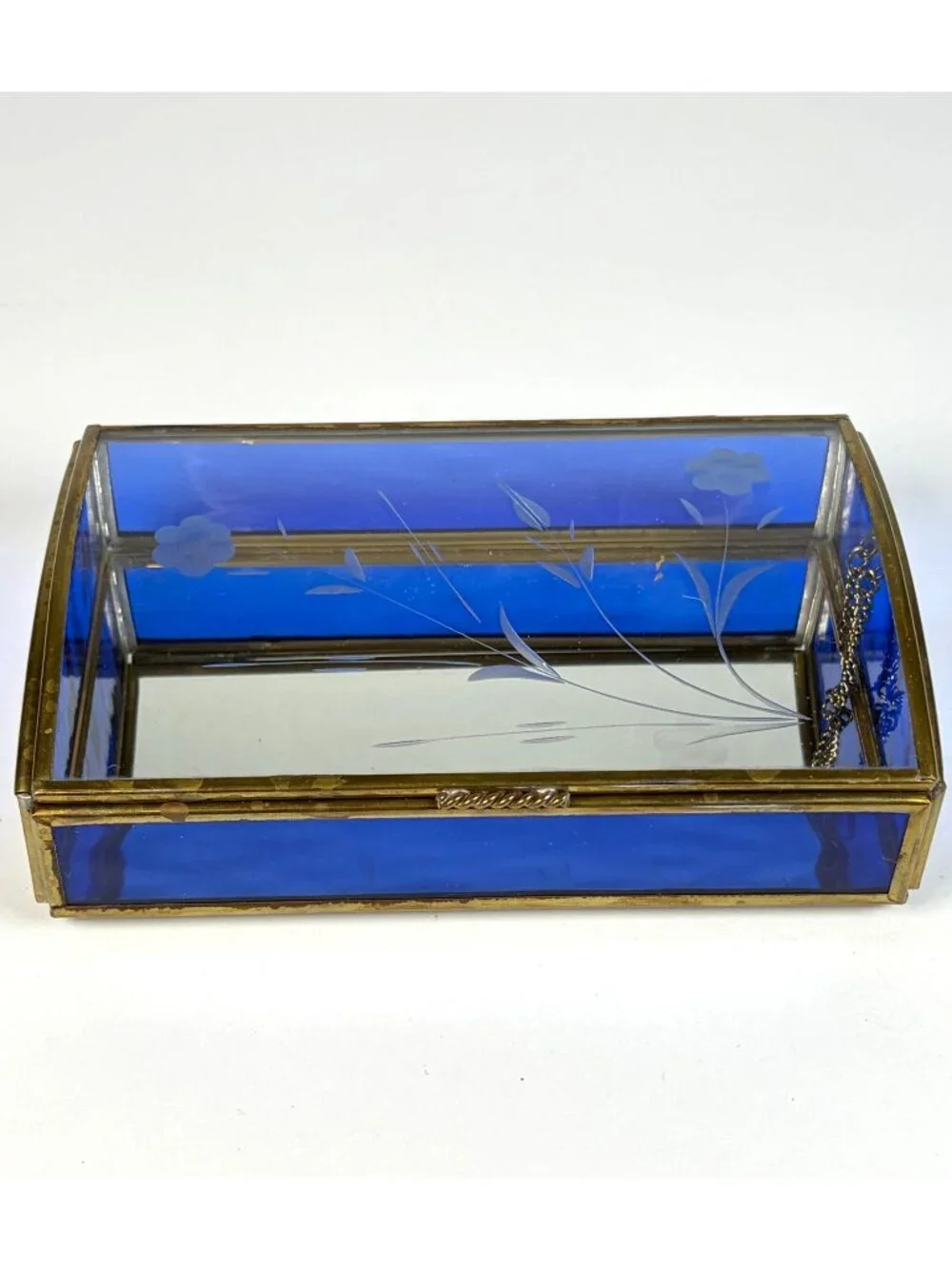 Vintage Blue Glass Jewelry Trinket Box Brass Trim Hinged Lid